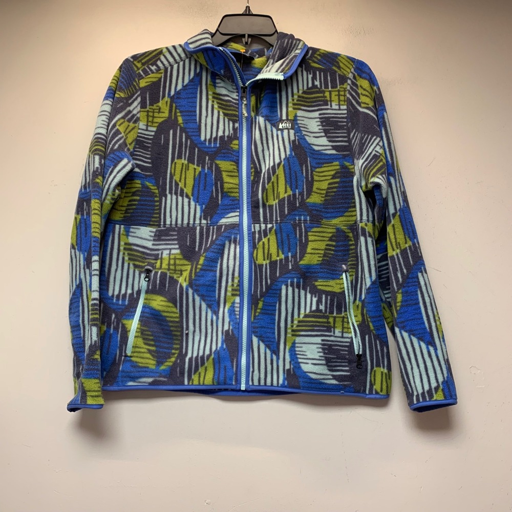 REI Co-op Fleece Jacket Womens Large Blue Green Abstract Geometric Hooded 14876